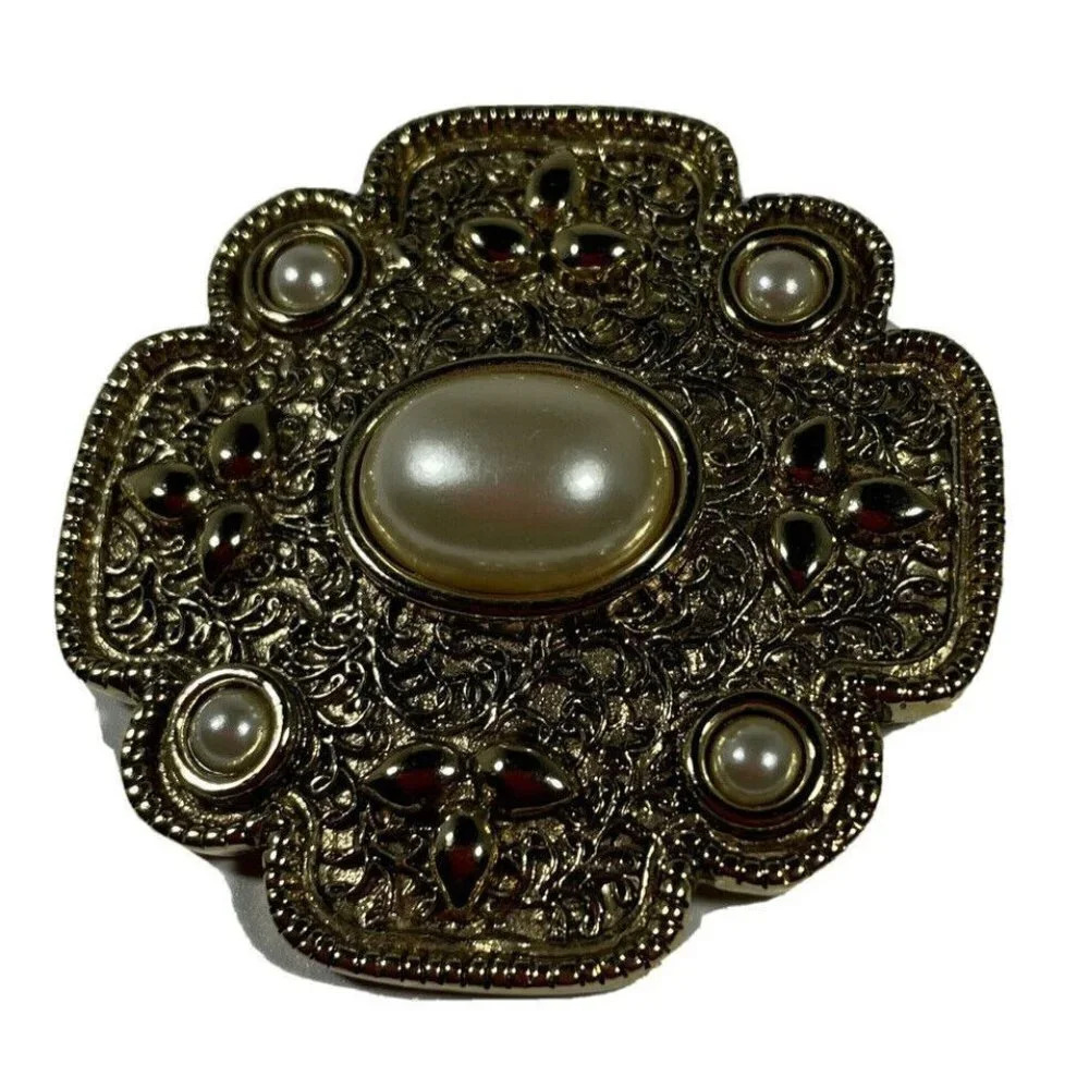 Landau Gold Tone Faux Pearl Large Pin Brooch Vintage‎